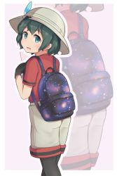 Rule 34 | 10s, 1girl, backpack, bag, black gloves, black pantyhose, blue eyes, blush, border, bucket hat, commentary request, from behind, galaxy print, gloves, green hair, hair between eyes, hat, hat feather, hatafuta, head tilt, highres, kaban (kemono friends), kemono friends, looking back, outside border, pantyhose, red shirt, shirt, short hair, short sleeves, shorts, solo, standing, zoom layer