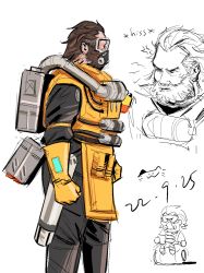 Rule 34 | 1boy, anger vein, apex legends, beard, black bodysuit, bodysuit, brown hair, catz3, caustic (apex legends), chinese commentary, clenched hands, dated, facial hair, gas mask, gloves, goggles, hair behind ear, hair slicked back, hazmat suit, highres, male focus, mask, multiple views, sitting, sketch, v-shaped eyebrows, white background, yellow gloves