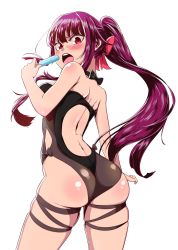 Rule 34 | 1girl, ass, back, backless swimsuit, black one-piece swimsuit, blush, clothing cutout, food, girls&#039; frontline, hair ribbon, highres, looking at viewer, looking back, official alternate costume, one-piece swimsuit, open mouth, ponytail, popsicle, purple hair, red eyes, ribbon, side cutout, simple background, skindentation, swimsuit, ubo (dbsgurdbsk), wa2000 (girls&#039; frontline), wa2000 (op. manta ray) (girls&#039; frontline), white background