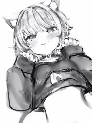 Rule 34 | 1girl, animal ears, bad id, bad pixiv id, belt collar, blush, cat ears, cat tail, closed mouth, collar, cropped hoodie, greyscale, hands up, highres, hololive, hood, hoodie, long sleeves, looking at viewer, medium hair, monochrome, nanashi (nlo), nekomata okayu, nekomata okayu (1st costume), paw pose, simple background, smile, solo, tail, virtual youtuber, white background