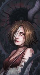 Rule 34 | 1girl, absurdres, artist request, bandage over one eye, bandaged arm, bandages, bare shoulders, blood, breasts, brown hair, choker, cleavage, dress, eileen galvin, eyepatch, from side, green eyes, highres, injury, large breasts, leaning forward, lips, looking at viewer, shadow, short hair, silent hill, silent hill (series), silent hill 4: the room, simple background, solo