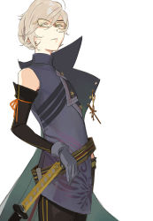 Rule 34 | 1boy, :|, aqua cape, belt, black pants, blue shirt, brown belt, cape, closed mouth, commentary request, cowboy shot, detached sleeves, expressionless, fate/grand order, fate (series), glasses, gloves, green eyes, grey gloves, grey hair, hair between eyes, hand on hilt, highres, ishida mitsunari (fate), katana, looking at viewer, male focus, pako (pakosun), pants, patterned clothing, shirt, short hair, simple background, solo, striped belt, striped clothes, striped pants, sword, turtleneck, vertical-striped clothes, vertical-striped pants, weapon, white background