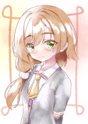 Rule 34 | 1girl, arms behind back, blush, brown hair, closed mouth, commentary, eyelashes, eyes visible through hair, flat chest, framed, green eyes, grey jacket, hair between eyes, hair intakes, hair ornament, hair scrunchie, highres, jacket, long hair, looking at viewer, mikuni sairi, necktie, open clothes, open jacket, pastel colors, pink background, school uniform, scrunchie, sesen2000, shirt, short necktie, side ponytail, simple background, smile, solo, tenshi souzou re-boot!, upper body, white scrunchie, white shirt, yellow necktie