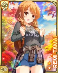 Rule 34 | 1girl, :d, autumn, autumn leaves, bare legs, black shirt, blue shorts, brown eyes, brown hair, card (medium), day, female focus, forest, girlfriend (kari), looking at viewer, low twintails, nature, official art, onsen, open mouth, outdoors, qp:flapper, shirt, shorts, smile, solo, standing, tamai remi, twintails