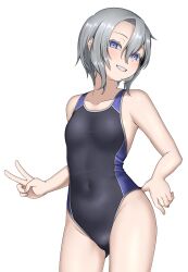 Rule 34 | 1girl, absurdres, black one-piece swimsuit, blue eyes, breasts, competition swimsuit, contrapposto, covered navel, cowboy shot, grey hair, grin, highres, ismuth (bibibibirite), looking at viewer, one-piece swimsuit, original, short hair, simple background, small breasts, smile, solo, swimsuit, two-tone one-piece swimsuit, v, white background
