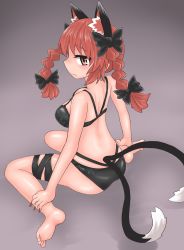 Rule 34 | 1girl, animal ears, bikini, black bikini, black bow, black legwear, black tail, bow, braid, breasts, cat ears, cat tail, chups, closed mouth, extra ears, from side, grey background, hair bow, highres, kaenbyou rin, looking at viewer, multiple tails, nail polish, red eyes, red hair, red nails, short hair, simple background, solo, swimsuit, tail, touhou, twin braids, two tails