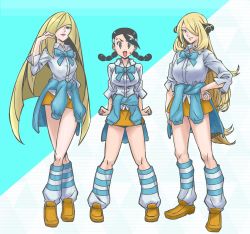 Rule 34 | 3girls, arm at side, arms behind back, black hair, blonde hair, blue bow, blue sweater, bow, bowtie, breasts, candice (pokemon), candice (pokemon) (cosplay), closed mouth, clothes around waist, collared shirt, cosplay, creatures (company), crossed legs, cynthia (pokemon), dress shirt, full body, game freak, grin, hair over one eye, hand on own hip, hand up, highres, kenchi, large breasts, legs apart, long hair, long sleeves, looking at viewer, loose socks, lusamine (pokemon), medium breasts, miniskirt, multiple girls, nintendo, open mouth, pokemon, pokemon dppt, pokemon sm, shirt, shoes, skirt, smile, socks, standing, striped legwear, sweatdrop, sweater, sweater around waist, twintails, very long hair, white shirt, yellow footwear, yellow skirt