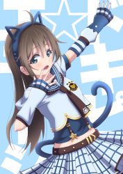 Rule 34 | 1girl, animal ears, aqua eyes, arm warmers, artist name, artist request, belt, belt skirt, black sailor collar, blue eyes, blush, breasts, brown hair, brown necktie, brown skirt, cat tail, checkered clothes, checkered skirt, dokipipo emotion, dokipipo emotion (love live!), female focus, hair between eyes, highres, long hair, looking at viewer, love live!, love live! nijigasaki high school idol club, miniskirt, nail, nail polish, necktie, osaka shizuku, outstretched arms, parted lips, pink nails, plaid, plaid skirt, pleated, pleated skirt, sailor collar, shirt, skirt, small breasts, smile, solo, star (symbol), suspenders, tail, white shirt, white skirt