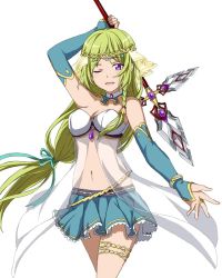 Rule 34 | 10s, 1girl, ;), arm up, blue skirt, braid, breasts, character request, choker, cleavage, cowboy shot, detached sleeves, green hair, green ribbon, hair ornament, hair ribbon, holding, holding weapon, jewelry, long hair, low-tied long hair, medium breasts, midriff, miniskirt, navel, one eye closed, open mouth, polearm, purple eyes, ribbon, ring, see-through, simple background, skirt, smile, solo, standing, stomach, sword art online, thighlet, very long hair, weapon, white background
