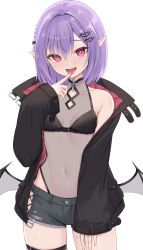 Rule 34 | 1girl, bare shoulders, bat hair ornament, black jacket, blush, braid, breasts, collarbone, commentary request, cowboy shot, ear piercing, fangs, finger to tongue, hair between eyes, hair ornament, heartsix, highres, jacket, looking at viewer, low wings, navel, original, piercing, pink eyes, pointy ears, purple hair, see-through, short hair, short shorts, shorts, simple background, sleeveless, sleeves past wrists, small breasts, smile, solo, stomach, thigh strap, tongue, tongue out, white background, wings