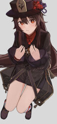 Rule 34 | 1girl, absurdres, black nails, blush, brown coat, brown footwear, brown hair, brown headwear, brown shorts, closed mouth, coat, flower, full body, genshin impact, gold trim, grey background, hair over shoulder, highres, hu tao (genshin impact), loafers, long hair, looking at viewer, red eyes, red flower, red shirt, shirt, shoes, shorts, simple background, sitting, socks, solo, star-shaped pupils, star (symbol), symbol-shaped pupils, white socks, yunkkker