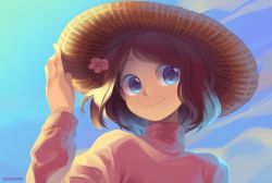 Rule 34 | 1girl, adjusting clothes, adjusting headwear, artist name, bad id, bad twitter id, blue eyes, blue sky, brown hair, closed mouth, commentary, english commentary, flower, hair flower, hair ornament, hat, highres, long sleeves, original, qiinamii, redrawn, short hair, sky, smile, solo, straw hat, upper body
