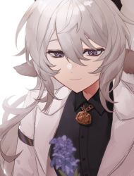 Rule 34 | 1boy, animal ears, arknights, bishounen, black shirt, bouquet, kreide (arknights), closed mouth, cow boy, cow ears, flower, formal, grey hair, highres, jewelry, male focus, mengyajunsprout, necklace, purple eyes, purple flower, shirt, short hair, simple background, solo, suit, upper body