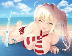 Rule 34 | 1girl, ;d, ahoge, barefoot, beach, bikini, blonde hair, blue sky, bracelet, breasts, cait aron, cleavage, criss-cross halter, day, earrings, fate/grand order, fate (series), fisheye, green eyes, hair intakes, halterneck, jewelry, large breasts, long hair, looking at viewer, lying, nero claudius (fate), nero claudius (fate) (all), nero claudius (swimsuit caster) (fate), on stomach, one eye closed, open mouth, outdoors, side-tie bikini bottom, sky, smile, solo, striped bikini, striped clothes, swimsuit, twintails