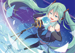 Rule 34 | 1girl, aira (exp), bad id, bad pixiv id, blue eyes, boots, detached sleeves, floating hair, globe, green hair, hand on own chest, hatsune miku, headphones, highres, long hair, microphone, microphone stand, music, necktie, open mouth, singing, skirt, solo, thigh boots, thighhighs, twintails, very long hair, vocaloid, wading, water