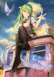 Rule 34 | 1girl, absurdres, barefoot, bird, black pantyhose, blush, broken window, cloud, cloudy sky, day, dove, feet, from below, green hair, hamster, highres, long hair, looking to the side, maora, mole, mole under eye, neck ribbon, no shoes, original, outdoors, pantyhose, purple eyes, ribbon, school uniform, shirt, short sleeves, sitting, sky, soles, solo, toes, vest, white shirt
