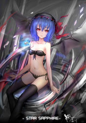 Rule 34 | 1girl, bat wings, black thighhighs, blue hair, breasts, hat, highres, jewelry, midriff, navel, necklace, panties, red eyes, remilia scarlet, short hair, small breasts, solo, thighhighs, touhou, underwear, wangchuan de quanyan, wings