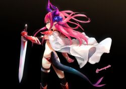 Rule 34 | 1girl, armor, ass, asymmetrical horns, asymmetrical legwear, bikini armor, black background, blue eyes, cape, curled horns, dragon girl, dragon horns, dragon tail, elizabeth bathory (brave) (fate), elizabeth bathory (fate), expressionless, fate/grand order, fate (series), feet out of frame, floating hair, holding, holding sword, holding weapon, horns, long hair, pauldrons, pink hair, pointy ears, profile, red armor, red footwear, shoulder armor, silver trim, solo, sumi (oyasumie), sword, tail, thighhighs, uneven horns, uneven legwear, vambraces, weapon, white cape