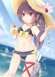 Rule 34 | 1girl, absurdres, bare arms, bare shoulders, bikini, black bikini, blush, bow, bow bikini, breasts, closed mouth, collarbone, commentary request, crazy straw, crescent, crescent pin, cup, day, drink, drinking glass, drinking straw, fingernails, groin, hair between eyes, hand on headwear, hat, heart straw, highres, holding, holding cup, holding drinking glass, horizon, huge filesize, ice, ice cube, kantai collection, kisaragi (kancolle), long hair, looking at viewer, navel, nekoyanagi (azelsynn), ocean, outdoors, polka dot, polka dot bow, ponytail, purple eyes, purple hair, seashell, seashell bracelet, shell, small breasts, smile, solo, sparkle, standing, straw hat, swimsuit, thigh strap, tupet, very long hair, water, water drop, yellow bow