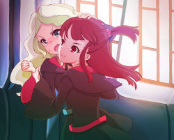 Rule 34 | 10s, 2girls, bad id, bad pixiv id, blonde hair, blue eyes, brown hair, diana cavendish, fang, hand on another&#039;s head, holding another&#039;s wrist, indoors, kagari atsuko, little witch academia, long hair, looking at another, multiple girls, open mouth, ponytail, pushing away, red eyes, smile, tacta, witch, you gonna get raped, yuri