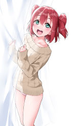Rule 34 | 1girl, :d, bare legs, beige shirt, blush, breasts, collarbone, curtains, green eyes, hair between eyes, highres, kurosawa ruby, long sleeves, looking at viewer, love live!, love live! sunshine!!, no pants, open mouth, panties, pink panties, red hair, ribbed shirt, see-through, shirt, simple background, small breasts, smile, solo, teeth, twintails, underwear, upper teeth only, white background, yopparai oni