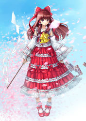 Rule 34 | 1girl, adapted costume, ascot, blue sky, bobby socks, bow, brown eyes, brown hair, cherry blossoms, collarbone, colorized, derivative work, detached sleeves, embellished costume, eyelashes, female focus, frills, gohei, hair bow, hair tubes, hakurei reimu, highres, holding, japanese clothes, light smile, lips, long hair, looking away, md5 mismatch, miko, ofuda, open hand, ribbon, shoes, skirt, sky, sleeves past wrists, socks, solo, tera (teraura), touhou, vest, white socks, wide sleeves