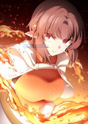 Rule 34 | 1girl, armor, black background, brown hair, capelet, closed mouth, commission, embers, fire, gradient background, highres, hiro (spectral force), kininosuke, looking at viewer, orange background, parted bangs, pointy ears, red armor, red eyes, serious, short hair, skeb commission, skirt, solo, spectral (series), spectral force, twitter username, upper body, watermark, white capelet, white skirt