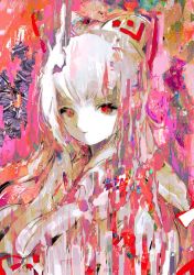 Rule 34 | 1girl, abstract, bow, closed mouth, collared shirt, fujiwara no mokou, hair bow, long hair, looking at viewer, red bow, red eyes, shirt, solo, touhou, tsukamoto anabone, two-tone bow, upper body, white bow, white hair, white shirt
