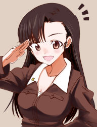 Rule 34 | 10s, 1girl, :d, asymmetrical bangs, breasts, brown background, brown eyes, brown hair, brown jacket, chi-hatan military uniform, cleavage, commentary, girls und panzer, jacket, long hair, long sleeves, looking at viewer, medium breasts, military, military uniform, mituki (mitukiiro), nishi kinuyo, notice lines, open mouth, salute, shirt, simple background, smile, solo, uniform, upper body, white shirt