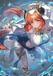 Rule 34 | 1girl, arm behind back, arm up, blue skirt, bracer, breasts, brooch, circlet, closed mouth, commentary request, crop top, cuboon, dancer, floating hair, foot out of frame, genshin impact, gladiator sandals, gold trim, green eyes, harem outfit, holding, holding sword, holding weapon, horns, jewelry, large breasts, leg up, long hair, long sleeves, looking at viewer, neck ring, nilou (genshin impact), parted bangs, puffy long sleeves, puffy sleeves, red hair, sandals, sidelocks, skirt, smile, solo, standing, standing on one leg, sword, tassel, thighlet, thighs, twintails, twitter username, veil, water, water drop, weapon, white headwear, white sleeves