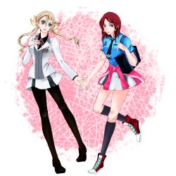 Rule 34 | 10s, 2girls, alisha diphda, aqua eyes, blue eyes, breasts, brown hair, gradient background, hair ornament, hairclip, holding hands, jacket, long hair, multiple girls, necktie, open mouth, pantyhose, red hair, ribbon, rose (tales), school uniform, shoes, short hair, skirt, smile, socks, tales of (series), tales of zestiria, twintails