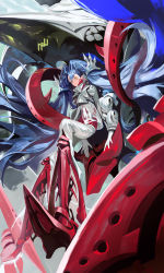 Rule 34 | 1girl, absurdres, armor, blue hair, breastplate, earrings, floating, gloves, highres, jewelry, long hair, mecha, naji yanagida, original, pauldrons, red legwear, robot, see-through, shoulder armor, signature, solo, torn clothes, twintails, vambraces, very long hair, white gloves, yellow eyes