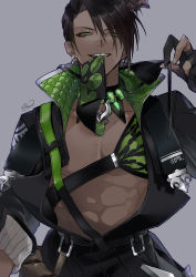 Rule 34 | 1boy, abs, absurdres, aragami oga, belt, belt pouch, black collar, black gloves, black hair, black necktie, black shirt, chest guard, collar, dark-skinned male, dark skin, earrings, eyepatch, unworn eyepatch, fingernails, gem, gloves, green eyes, green gemstone, green necktie, grey background, grin, half-closed eyes, highres, holding eyepatch, holostars, horns, jewelry, looking at viewer, male focus, moneko, mouth hold, necktie, necktie in mouth, open clothes, open shirt, partially fingerless gloves, pleated shirt, pouch, removing eyepatch, sam browne belt, sharp fingernails, sharp teeth, shirt, short hair, signature, simple background, single earring, single horn, smile, straight-on, teeth, teeth hold, toned, toned male, upper body, virtual youtuber