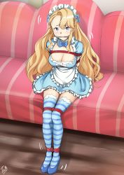 Rule 34 | 1girl, absurdres, apron, arms behind back, asymmetrical bangs, azur lane, bdsm, blonde hair, blue bow, blue dress, blue eyes, blue footwear, blue thighhighs, blush, bondage, bound, bound arms, bound legs, bow, bowtie, breasts, cleavage, cleave gag, clenched teeth, cloth gag, couch, detached collar, dress, emile bertin (azur lane), emile bertin (maid fantastique) (azur lane), eyelashes, female focus, floor, frilled apron, frilled dress, frills, full body, gag, gagged, hair bow, hair ornament, high heels, highres, huge filesize, improvised gag, indoors, large breasts, legs together, long hair, looking at viewer, maid, maid headdress, motion lines, official alternate costume, on couch, restrained, rope, shiny skin, shoes, short sleeves, signature, sitting, solo, striped clothes, striped thighhighs, sweat, sweatdrop, teeth, thighhighs, vakaosciosa, very long hair, wing collar, wooden floor, zettai ryouiki
