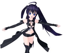 Rule 34 | 10s, 1girl, 3d, ahoge, alternate costume, bikini, black bikini, black hair, black rock shooter, black rock shooter (character), blue eyes, boots, flat chest, gloves, laughing, long hair, pilon, piron (777), solo, swimsuit