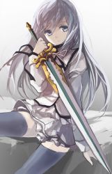 Rule 34 | 10s, 1girl, bad id, bad pixiv id, bow, bowtie, grey eyes, grey theme, holding, long hair, looking at viewer, parted lips, school uniform, seirei tsukai no blade dance, silver hair, sitting, solo, swd3e2, sword, terminus est, thighhighs, weapon, zettai ryouiki