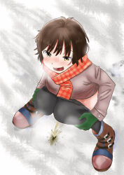 Rule 34 | 1girl, absurdres, black pantyhose, blush, breath, brown footwear, brown hair, brown jacket, clothes pull, from above, gloves, green gloves, highres, jacket, long sleeves, looking at viewer, open mouth, orange scarf, pantyhose, pantyhose pull, peeing, plaid, plaid scarf, puddle, scarf, shoes, short hair, smile, snow, squatting, steam, sweat, teeth, ugonoakita, yellow eyes