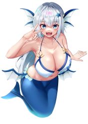 Rule 34 | 1girl, :d, absurdres, bare shoulders, bikini, bikini top only, blush, breasts, cleavage, collarbone, commentary request, fang, fins, floral print, full body, groin, hair between eyes, hair ornament, hand up, head fins, highres, large breasts, leaning forward, long hair, looking at viewer, lower teeth only, masaki nanaya, mermaid, monster girl, navel, open mouth, original, sidelocks, silver hair, simple background, smile, solo, star (symbol), star hair ornament, stomach, swimsuit, teeth, v, v over eye, white background, white bikini