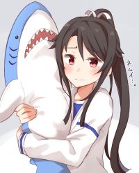 Rule 34 | 1girl, bad id, bad pixiv id, black hair, blush, commentary request, hair ribbon, high school fleet, highres, holding, holding stuffed toy, hugging doll, hugging object, ikea shark, jacket, kapatarou, long hair, long sleeves, looking at viewer, munetani mashiro, ponytail, red eyes, ribbon, sidelocks, solo, stuffed animal, stuffed shark, stuffed toy, translation request, upper body, white ribbon