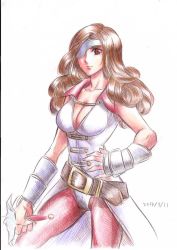 Rule 34 | 1girl, beatrix, belt, breasts, brown eyes, brown hair, cleavage, closed mouth, commentary request, eyepatch, final fantasy, final fantasy ix, long hair, pantyhose, sio2 (nisankakeiso), solo, sword, weapon