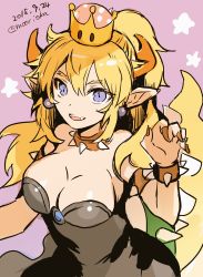 Rule 34 | 1girl, armlet, artist name, bare shoulders, black dress, blonde hair, blue eyes, bowsette, bracelet, breasts, cleavage, collar, crown, dated, dress, earrings, highres, horns, jewelry, long hair, looking at viewer, mario (series), nail polish, new super mario bros. u deluxe, nintendo, open mouth, pink background, ponytail, rioka (southern blue sky), sharp teeth, signature, sitting, spiked armlet, spiked bracelet, spiked collar, spikes, star (symbol), starry background, strapless, strapless dress, super crown, tail, teeth, turtle shell