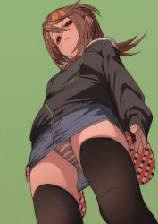 Rule 34 | 1girl, arms at sides, black thighhighs, blue skirt, brown eyes, brown hair, cameltoe, fang, female focus, from below, frown, fu-ta, green background, hair ornament, highres, jacket, looking at viewer, looking down, original, panties, ponytail, simple background, skirt, sleeves past wrists, solo, striped clothes, striped panties, thighhighs, underwear, upskirt, usami taiga