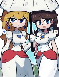Rule 34 | 2girls, absurdres, blonde hair, blue eyes, blue gemstone, breasts, brown hair, bush, dress, earrings, eyelashes, fire daisy, fire peach, flower earrings, gem, gloves, grass, grin, hand on own hip, highres, holding, holding umbrella, jewelry, large breasts, long hair, looking at viewer, mario (series), multiple girls, nintendo, open mouth, outdoors, princess daisy, princess peach, puffy short sleeves, puffy sleeves, short sleeves, sky, sleeveless, smile, super mario 3d world, taut clothes, taut dress, teeth, tony welt, umbrella, white background, white dress, white gloves, wide hips