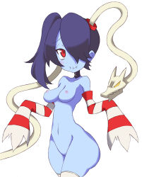 Rule 34 | 1girl, blue hair, blue skin, breasts, colored skin, cowboy shot, detached collar, detached sleeves, hair over one eye, nipples, nude, pussy, red eyes, skullgirls, solo, squigly (skullgirls), stitched mouth, stitches, striped, striped sleeves, zombie