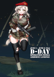 Rule 34 | 1girl, aircraft, airplane, animal collar, animal ears, bad id, bad pixiv id, beret, black footwear, black thighhighs, boots, breasts, united kingdom, bruise, buttons, camouflage, camouflage skirt, cleavage, collar, curvy, d-day, dakku (ogitsune), dog ears, dog tail, english text, fangs, grass, gun, hat, historical event, holding, holding gun, holding weapon, injury, jacket, large breasts, leg up, long hair, long sleeves, military, military uniform, night, night sky, open mouth, operation tonga, original, outdoors, parachute, paratrooper, pocket, real life, searchlight, silver hair, skirt, sky, solo, tail, text focus, thighhighs, torn clothes, torn thighhighs, trigger discipline, uniform, weapon, world war ii, yellow eyes, zettai ryouiki, zipper