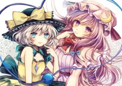 Rule 34 | 2girls, adapted costume, blue eyes, bow, capelet, crescent, dress, finger to mouth, hair ribbon, hat, hat bow, komeiji koishi, long hair, looking at viewer, mob cap, multiple girls, patchouli knowledge, purple eyes, purple hair, ribbon, shirt, short hair, silver hair, sleeveless, sleeveless shirt, striped clothes, striped dress, third eye, touhou, tress ribbon, ukita uuko, very long hair