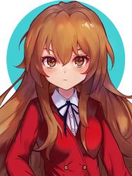 Rule 34 | 1girl, aisaka taiga, blue background, blue ribbon, blush, breasts, brown eyes, brown hair, commentary request, jacket, long hair, looking at viewer, moth1, red jacket, ribbon, shirt, small breasts, solo, toradora!, two-tone background, white background, white shirt