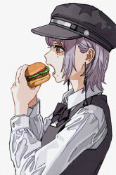 Rule 34 | 1girl, black bow, black bowtie, black dress, bow, bowtie, burger, cabbie hat, chainsaw man, commentary, dress, earrings, eating, fami (chainsaw man), food, from side, hat, holding, holding food, jewelry, mole, mole under eye, mole under mouth, multiple moles, pinafore dress, purple hair, ringed eyes, school uniform, shiren (ourboy83), shirt, simple background, sleeveless, sleeveless dress, solo, symbol-only commentary, upper body, white background, white shirt