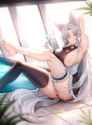 Rule 34 | 1girl, absurdres, animal ear fluff, animal ears, areola slip, arm behind head, arm up, armpits, ass, bare shoulders, barefoot, black thighhighs, blurry, blurry foreground, blush, breasts, bridal garter, cocktail glass, cup, drink, drinking glass, eun soyeon (lustyfox), feet, fox ears, fox girl, fox tail, frilled skirt, frills, from side, grey hair, heart, highres, holding, holding drink, large breasts, leaning back, leg up, long hair, looking at viewer, maid, mole, mole on thigh, mole under eye, no panties, on floor, original, parted bangs, parted lips, pearl thong, picter, sideboob, sidelocks, single thighhigh, sitting, skirt, solo, sunlight, tail, thighhighs, thighs, thong, toes, wet, white tail, yellow eyes
