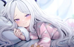 Rule 34 | 1girl, alternate costume, blue archive, blush, demon horns, highres, hina (blue archive), hina (pajamas) (blue archive), holding hands, horns, interlocked fingers, long hair, looking at viewer, lying, on bed, on stomach, pajamas, parted bangs, pillow, pink pajamas, purple eyes, purple horns, smile, solo focus, somray, white hair